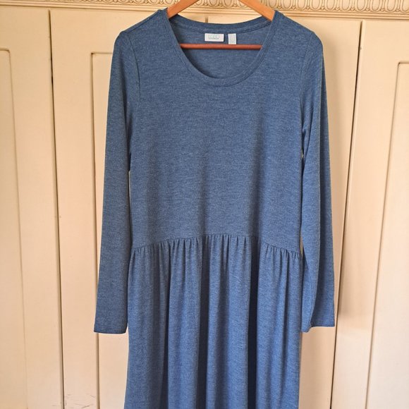 LOGO Lounge women's blue green LS gathered Waist knit midi length dress Sz M - Picture 1 of 7